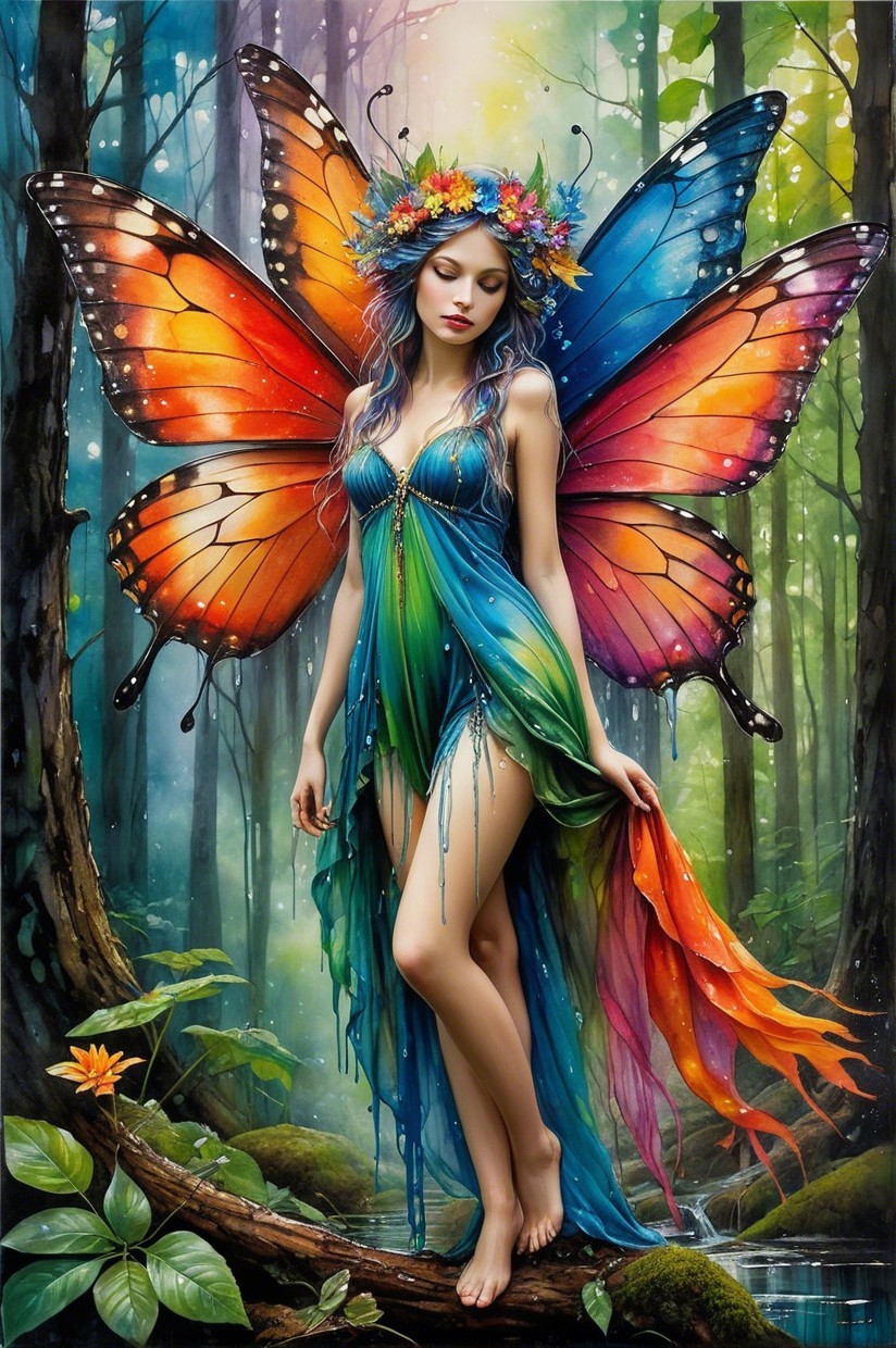 Magical fairy in vibrant forest with butterfly wings