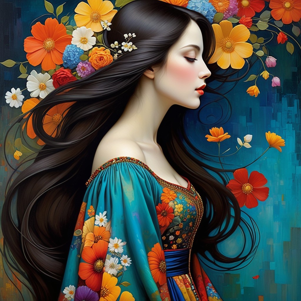 Profile of a Woman with Floral Dress and Hair