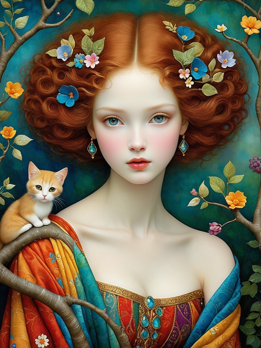 Young woman with red curls in vibrant nature setting