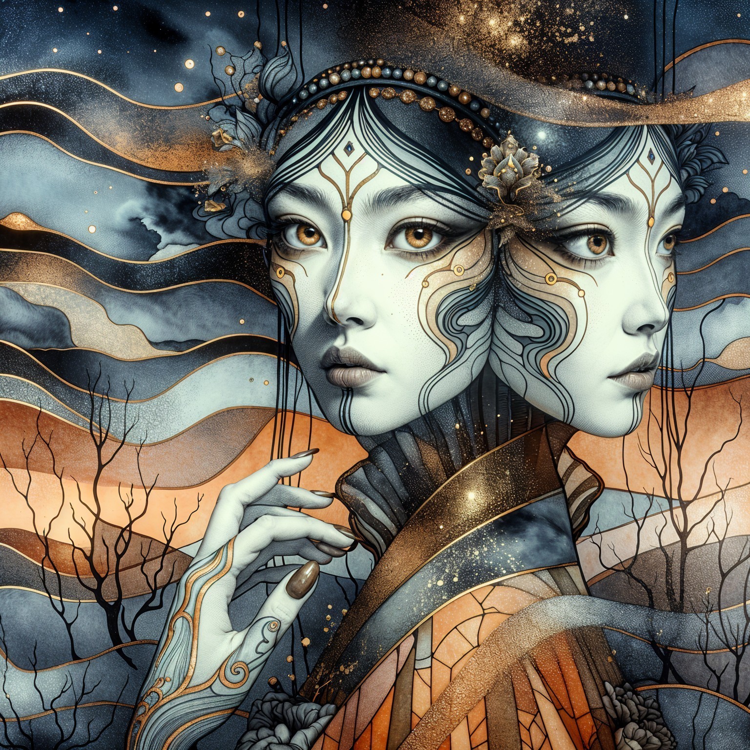 Ethereal Two-Faced Figure in Dreamlike Landscape
