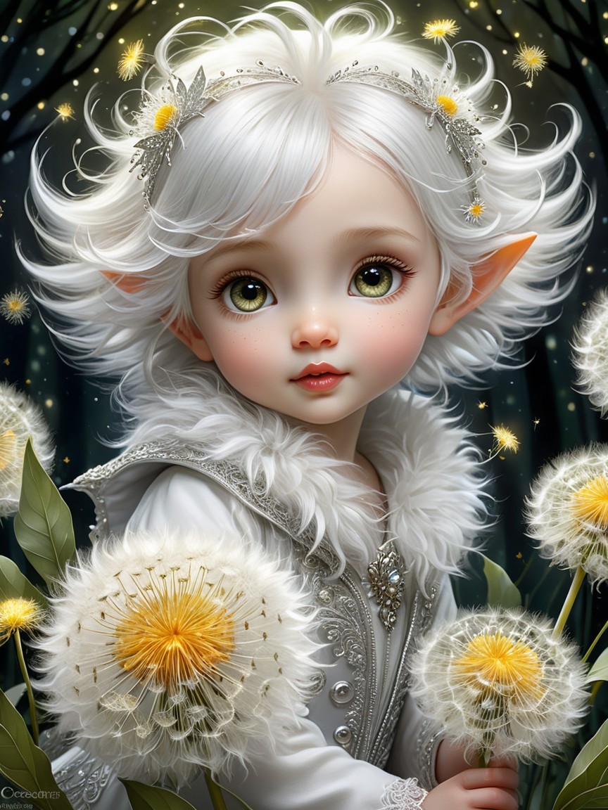 Whimsical Child in Enchanted Forest with Dandelions