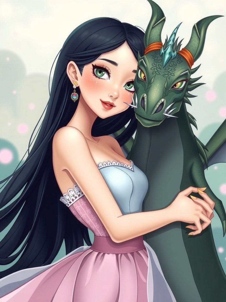 Young woman in pastel dress with friendly green dragon