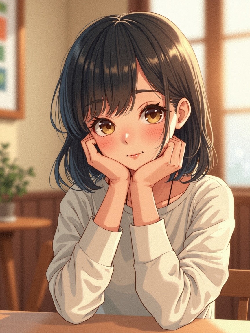 Young girl with black hair in a cozy setting