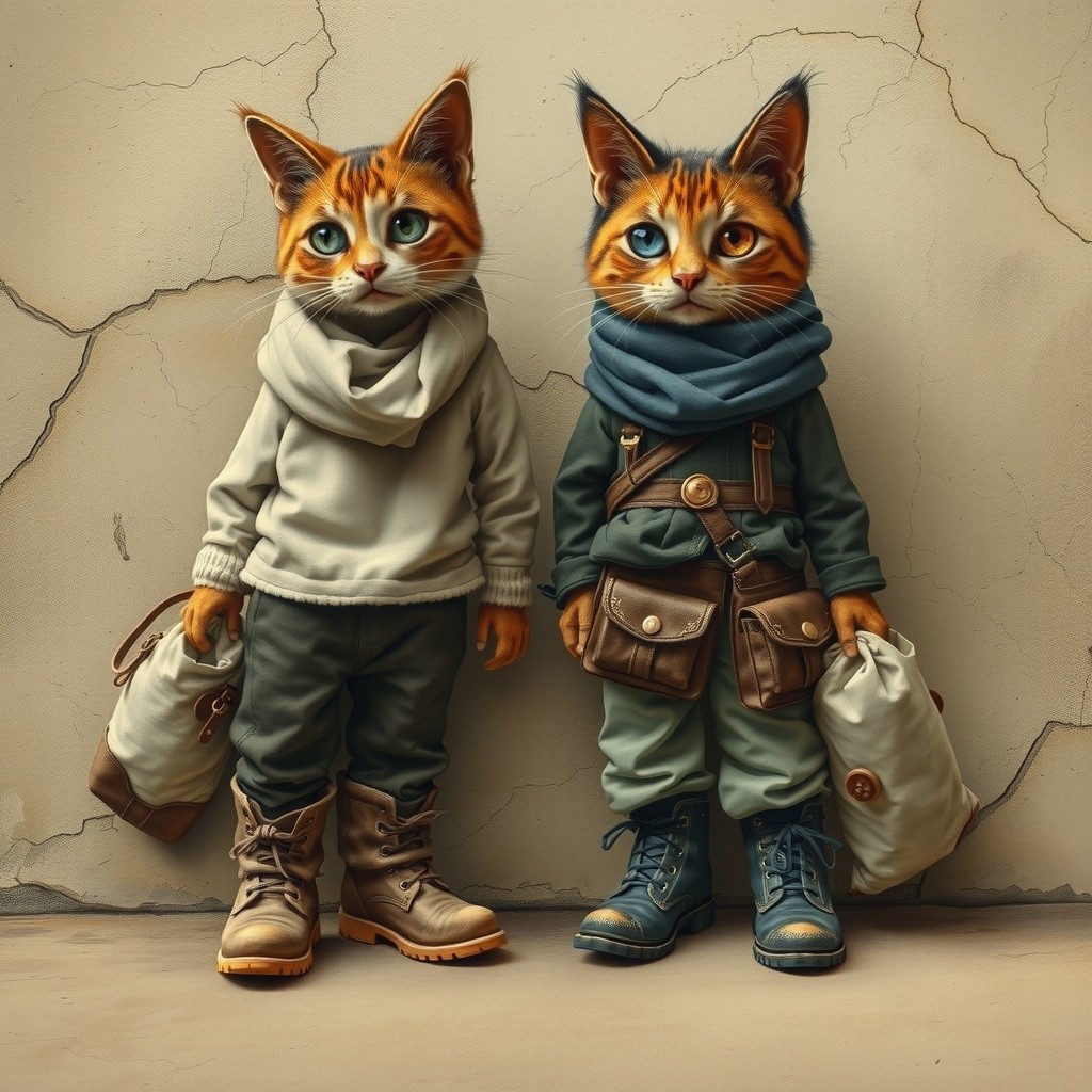 Whimsical anthropomorphic cats in casual outfits