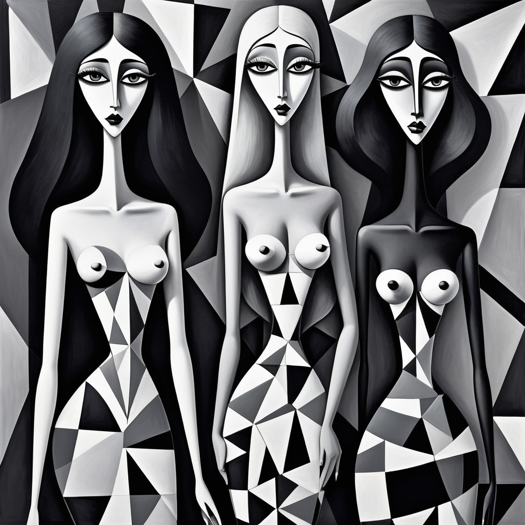 Stylized Female Figures with Geometric Background
