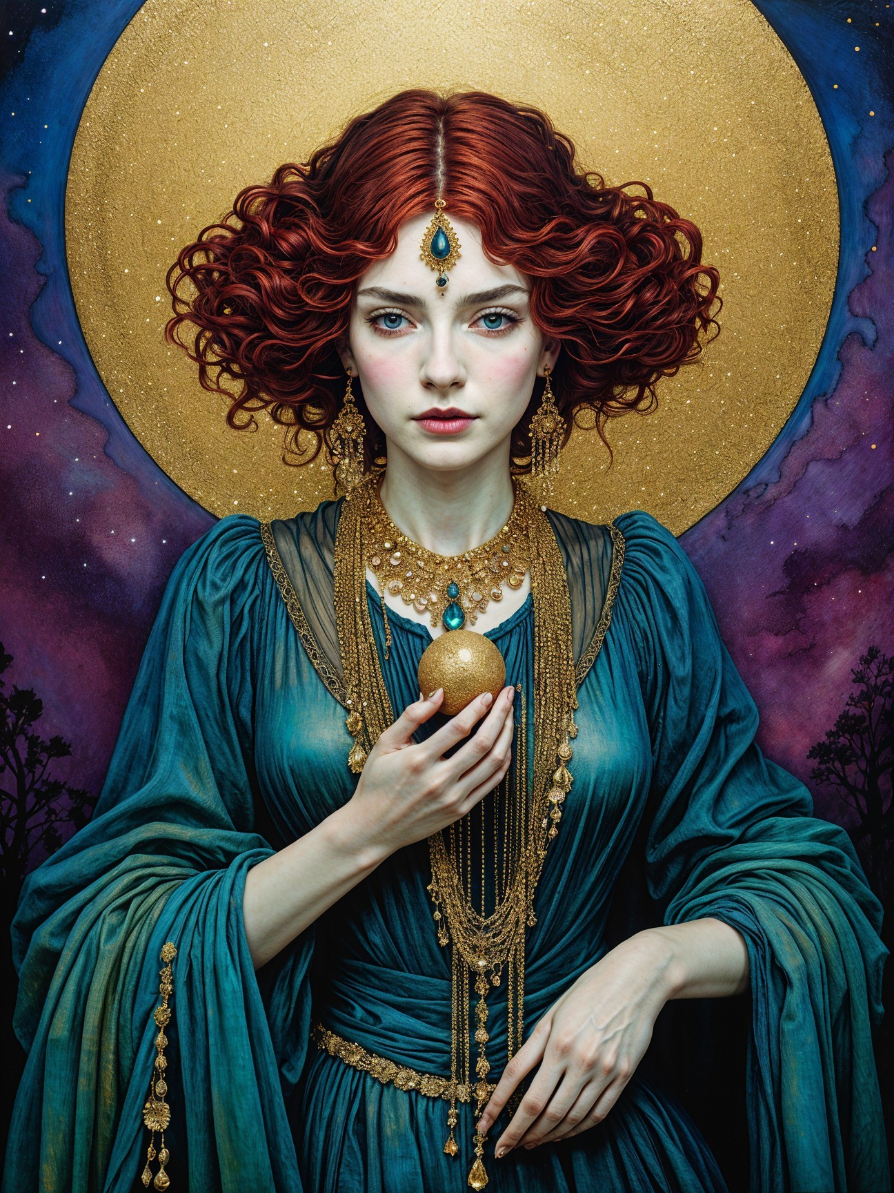 Portrait of a Woman in Teal Gown with Golden Halo
