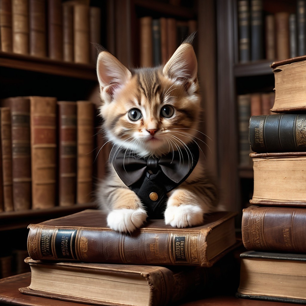 Fluffy kitten on vintage books in a cozy library
