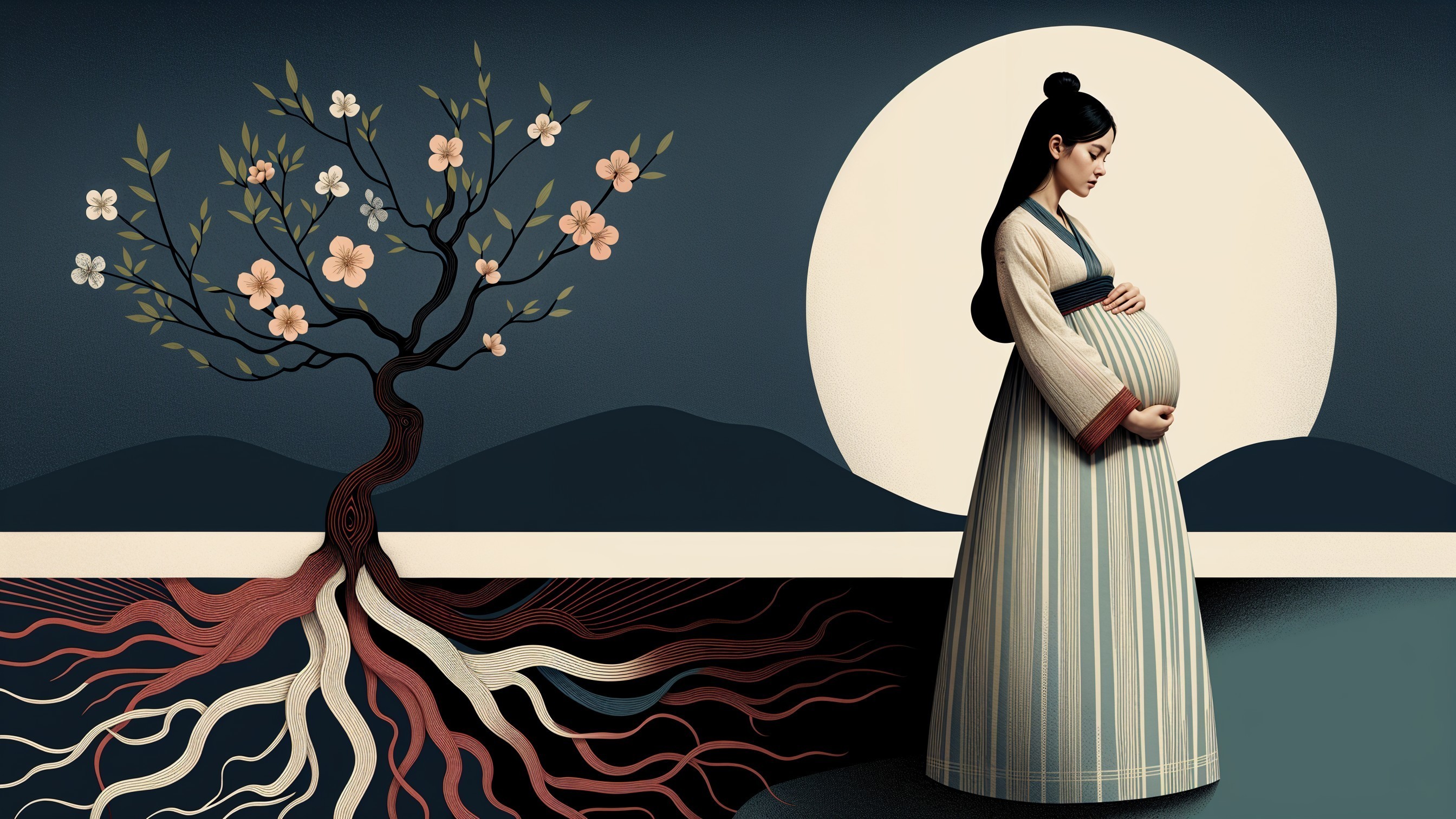 Pregnant Woman in Traditional Attire with Nature Elements