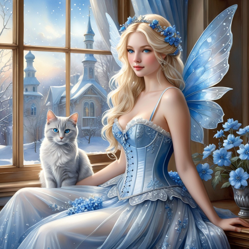 Whimsical fairy by window with gray cat in winter scene