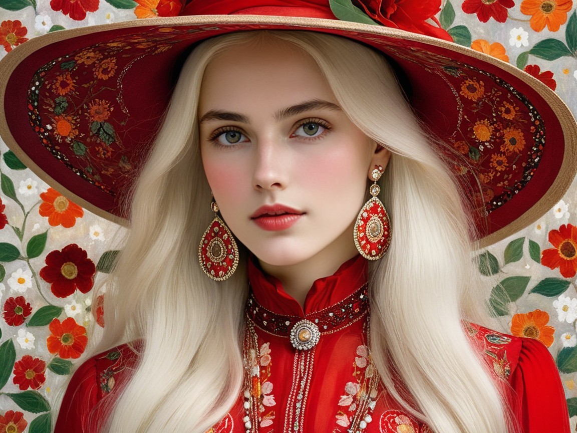 Young Woman in Red Hat with Floral Background