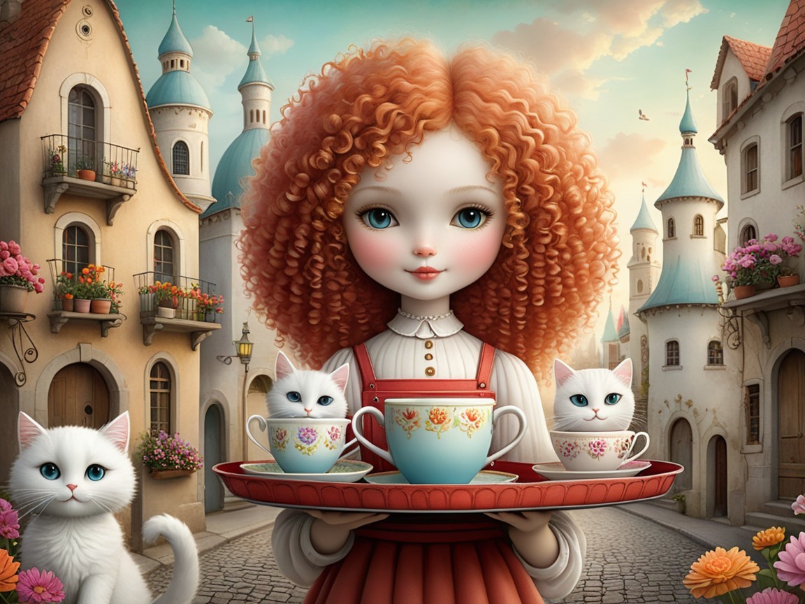 Whimsical Village Scene with Girl and Teacups