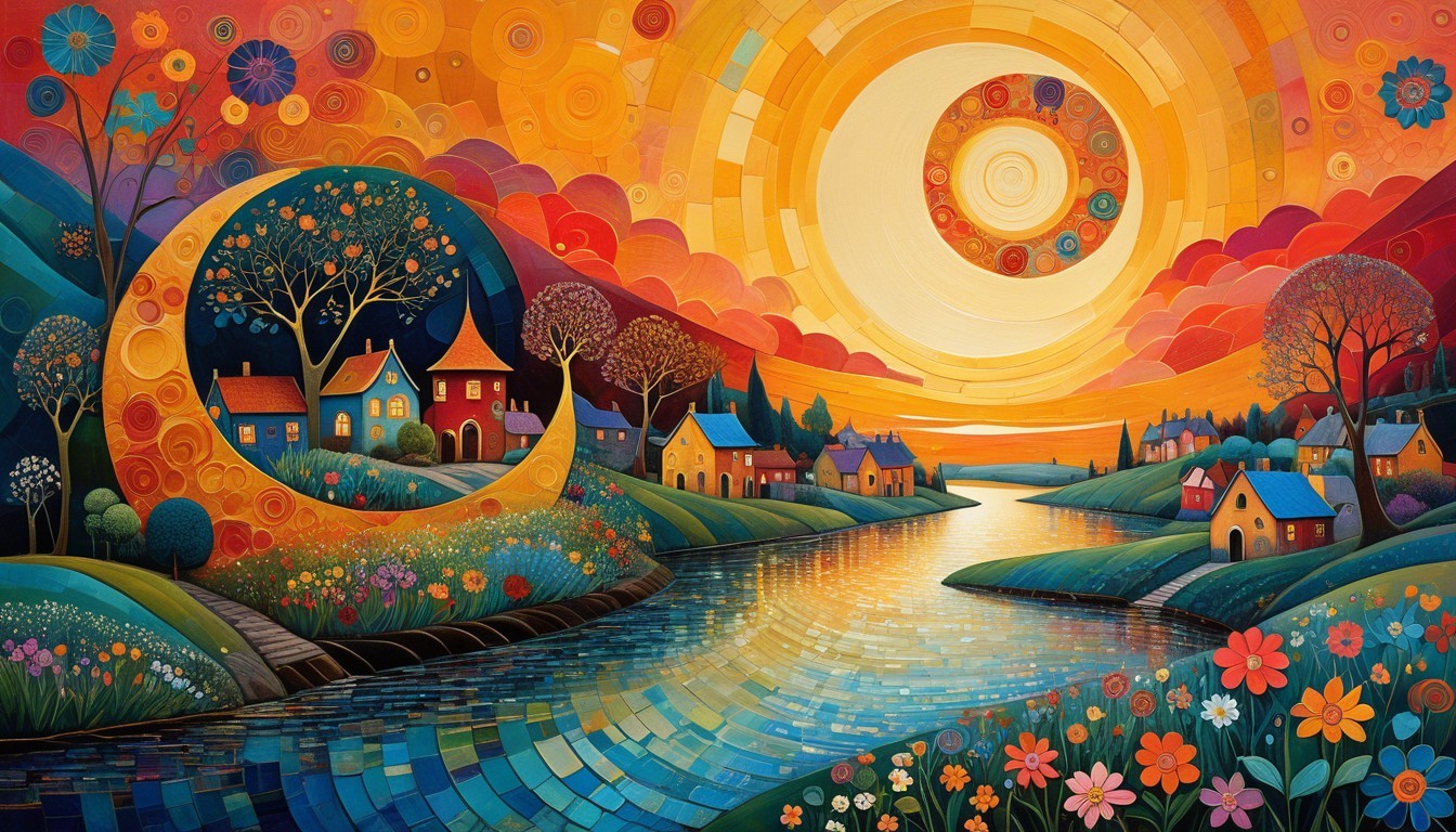 Vibrant Landscape with Whimsical Houses and River