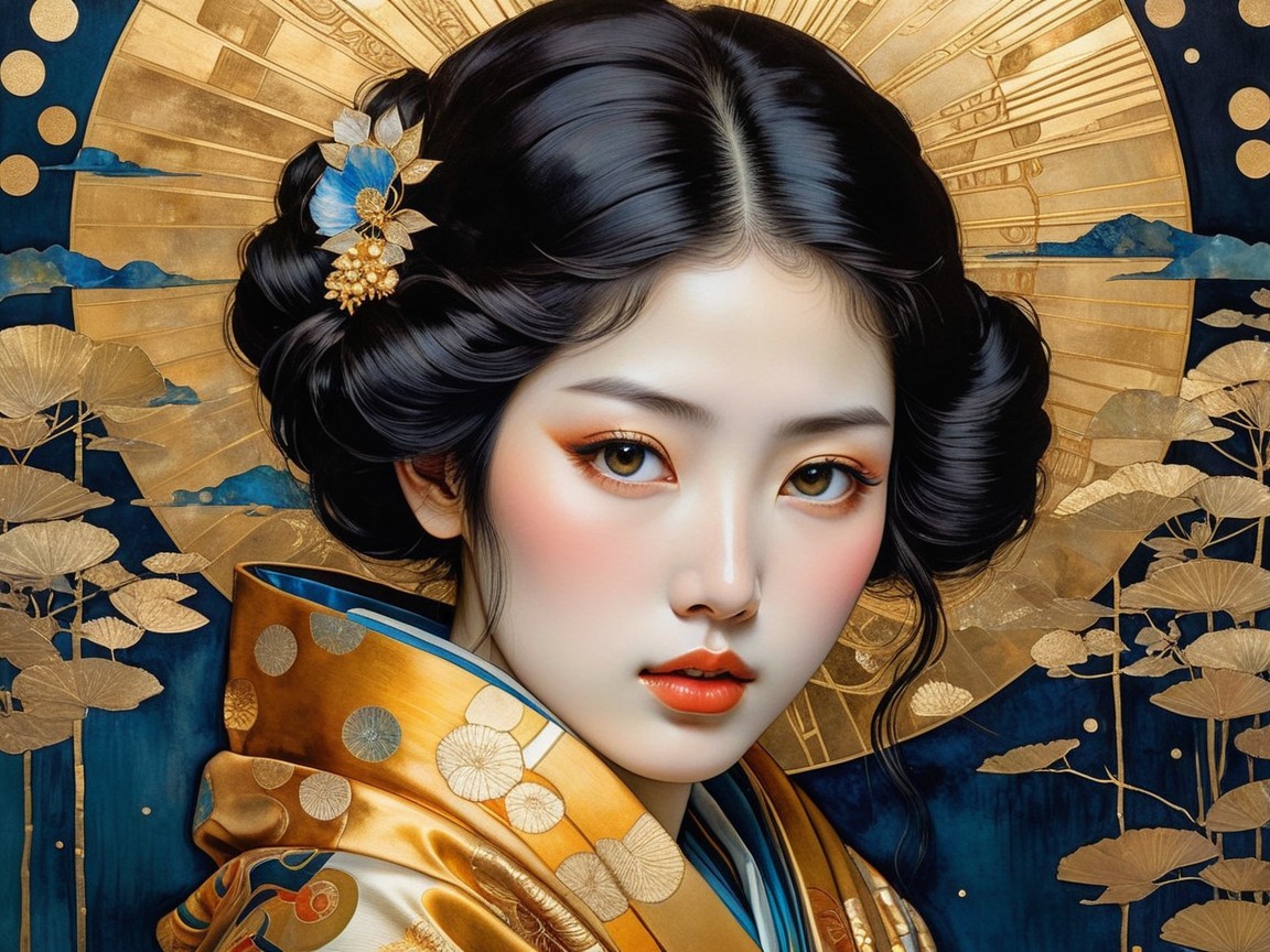 Portrait of a woman in a vibrant traditional kimono