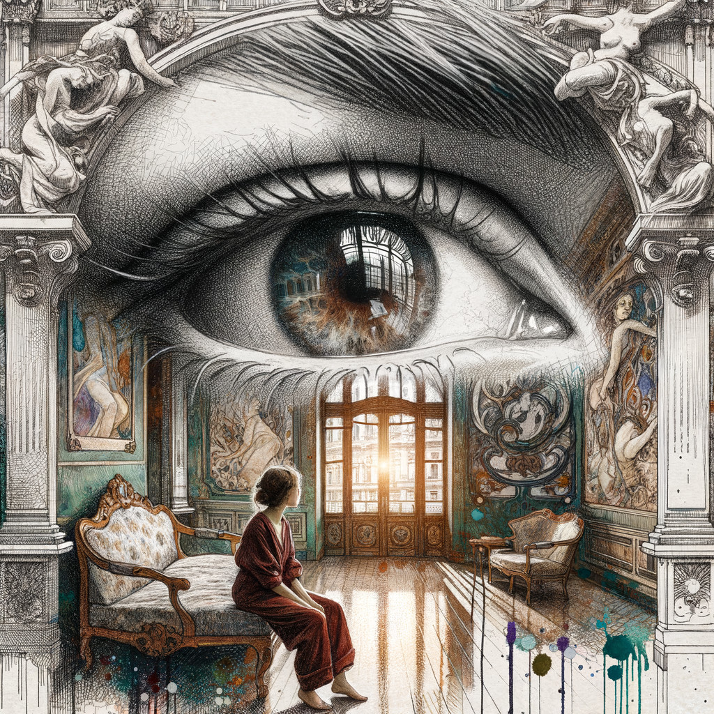 Surreal Room with Eye and Classic Art Elements