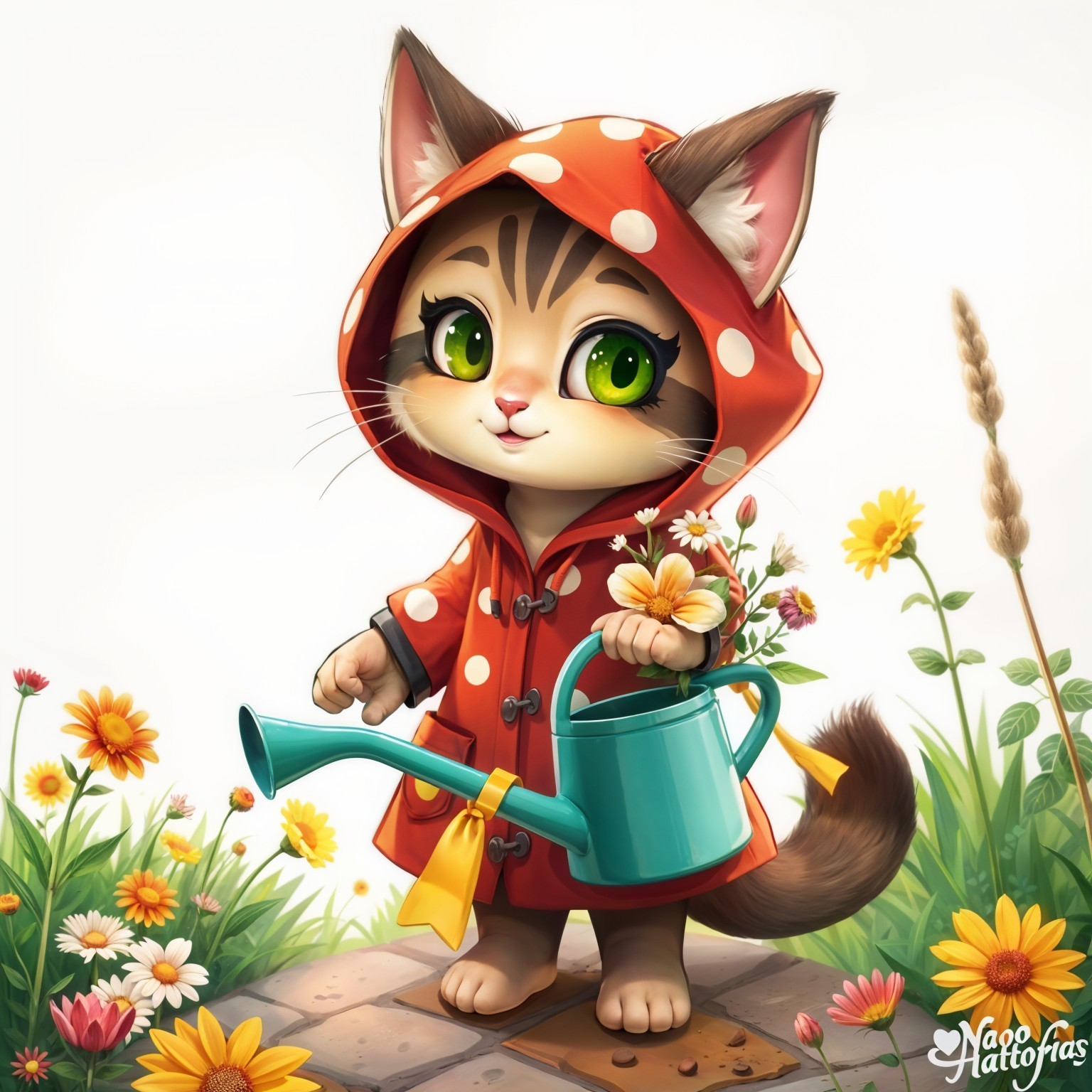 Kitten in Red Raincoat Surrounded by Colorful Flowers