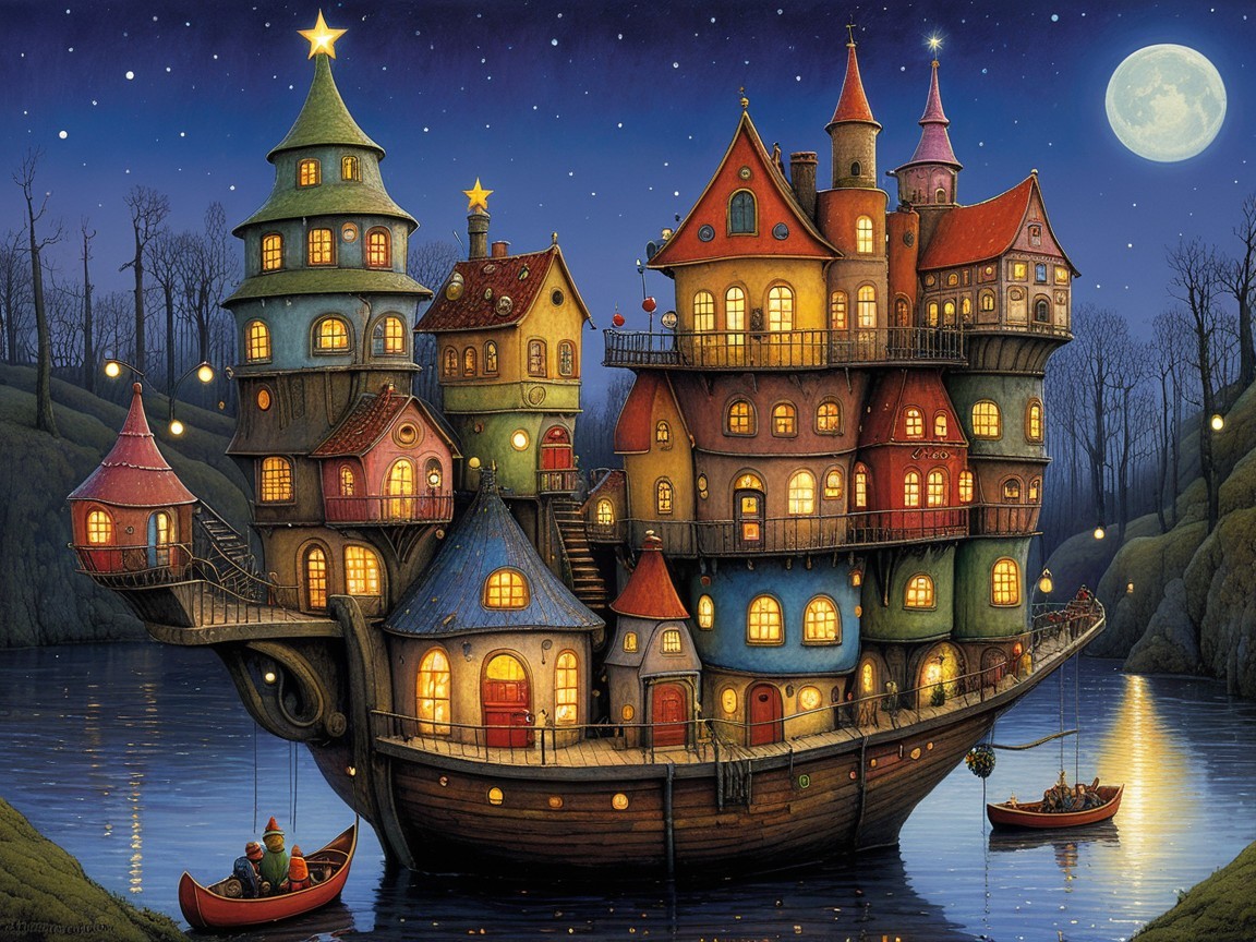 Vibrant Multicolored Boat-House on a Still Lake