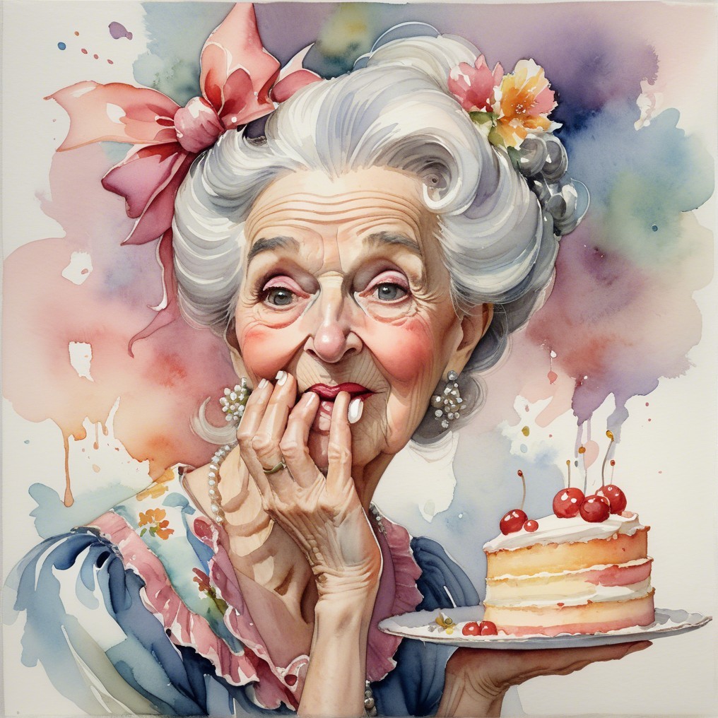 Elderly Woman with Cake in Vibrant Watercolor Scene
