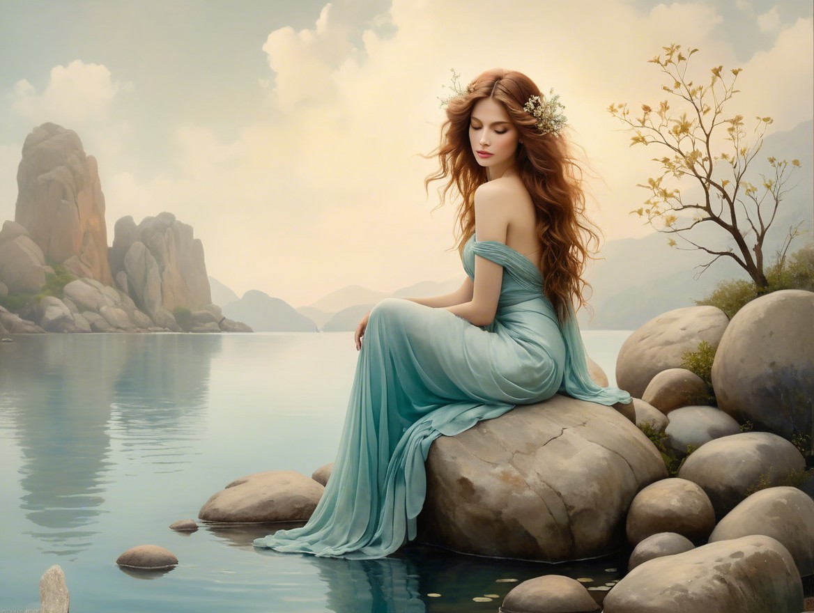 Serene figure by tranquil lake in turquoise gown