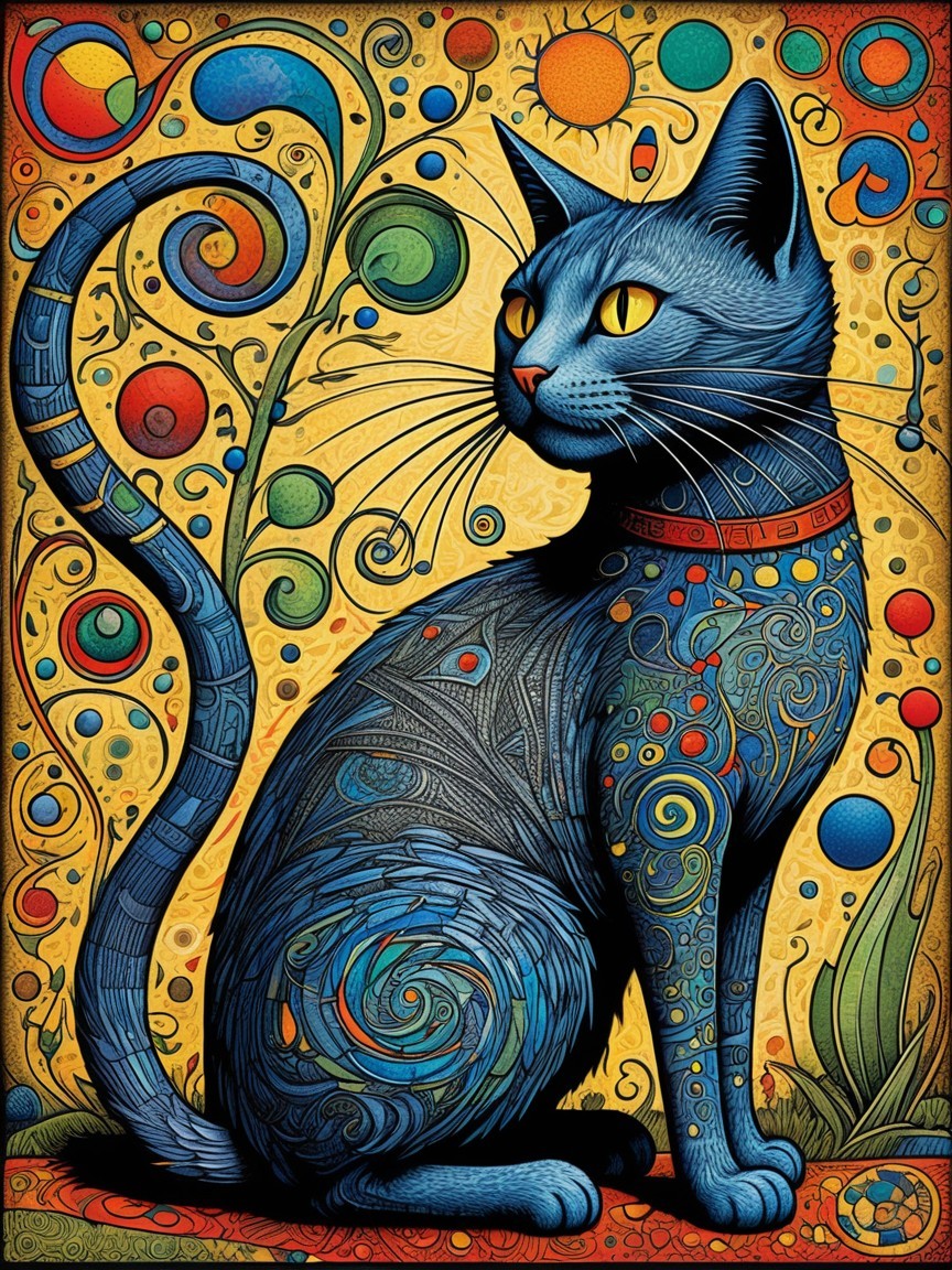 Stylized Blue Cat with Vibrant Patterns and Orbs