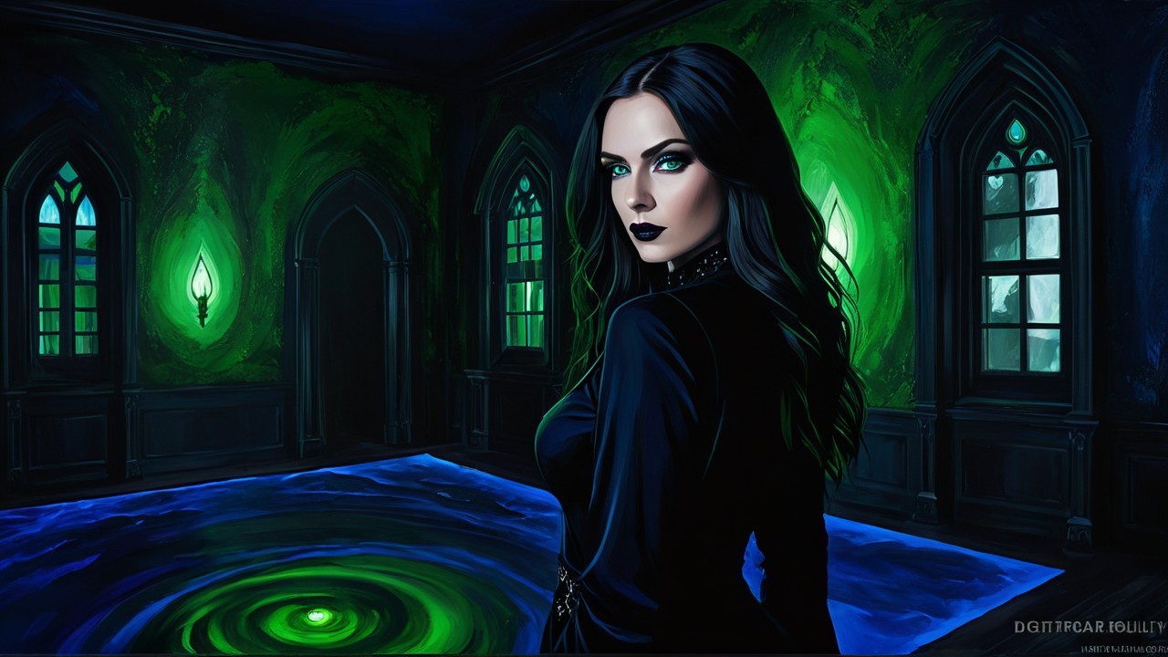 Dark-haired woman in black outfit in dim room with glow