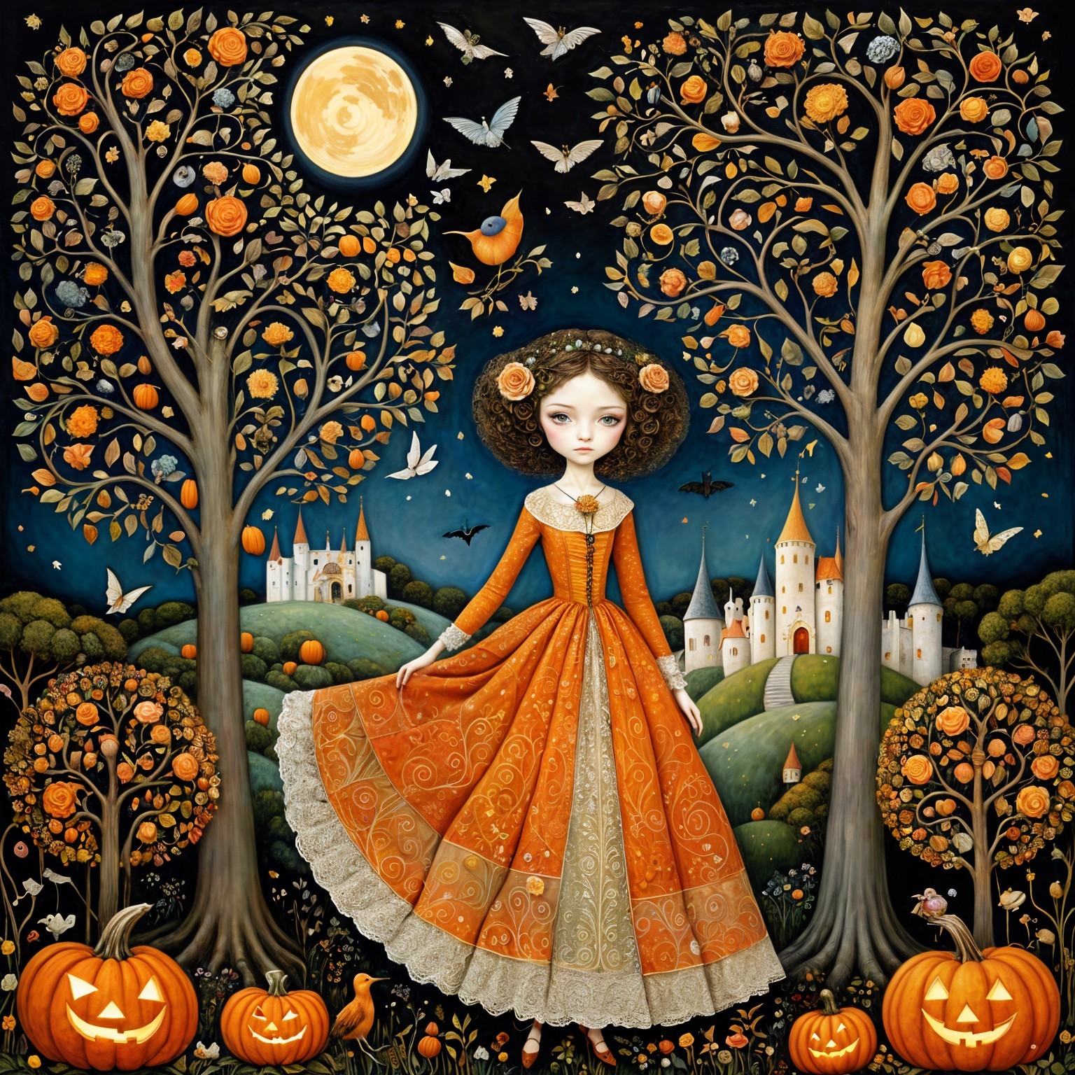 Whimsical Scene of Girl in Orange Dress and Castle