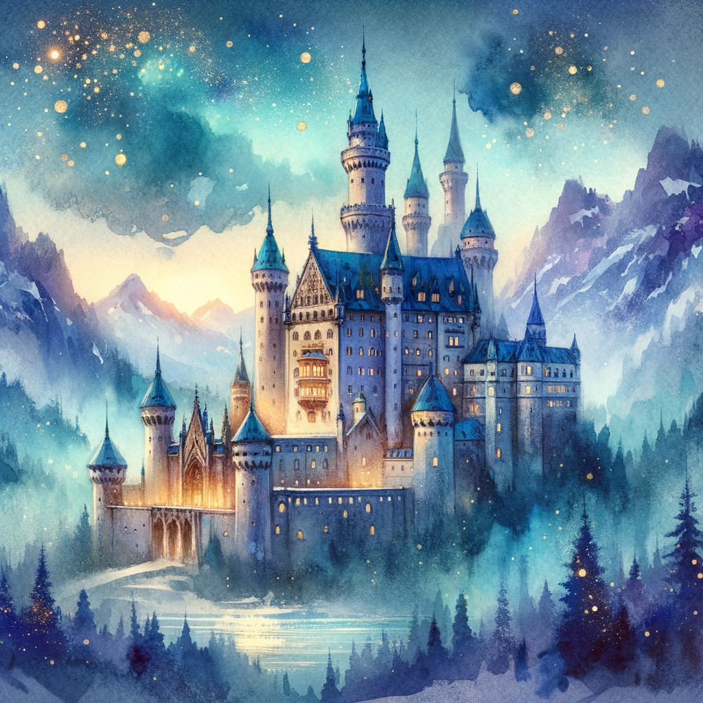 Whimsical Castle Among Misty Mountains at Night
