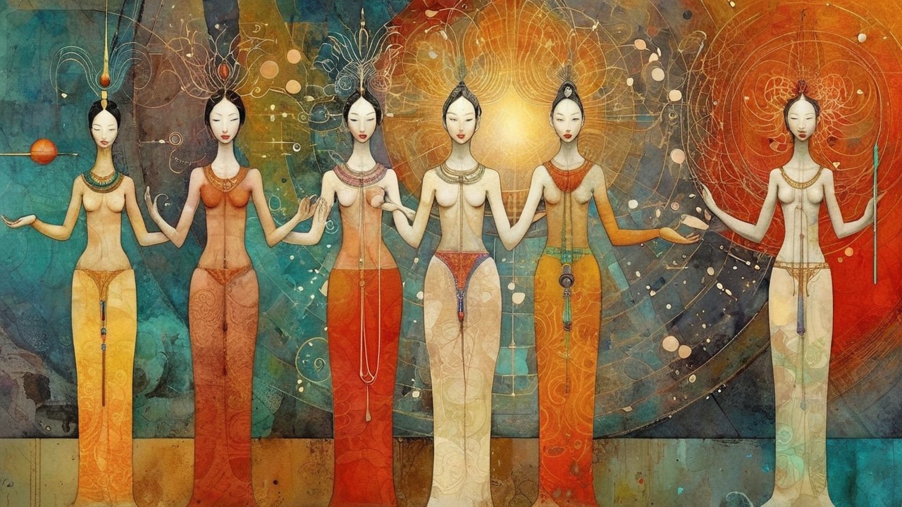 Vibrant Artwork of Six Elegant Figures in Harmony