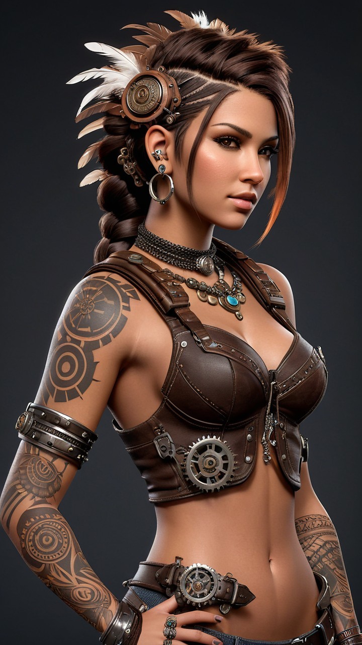 Steampunk-Inspired Woman with Intricate Tattoos and Gear Accents