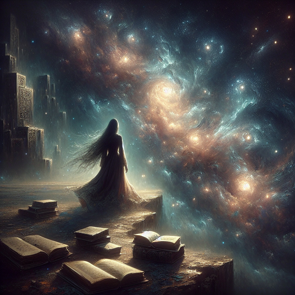 Silhouette in Gown Amidst Cosmic Galaxy and Books