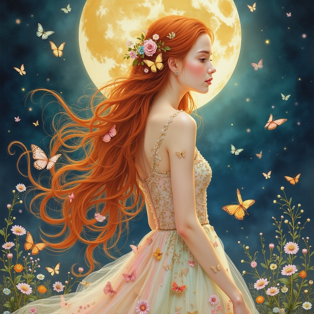 Young woman in floral gown under moonlit sky
