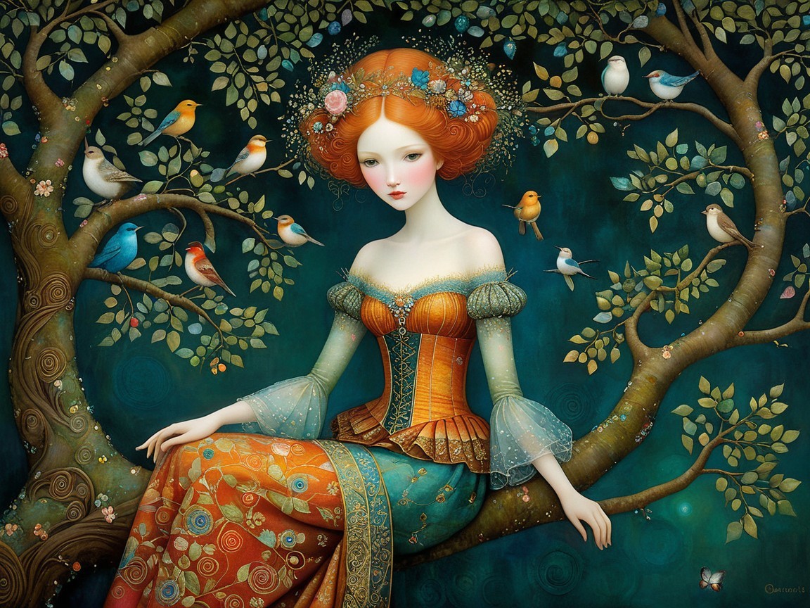 Ethereal figure with red-orange hair in vibrant dress