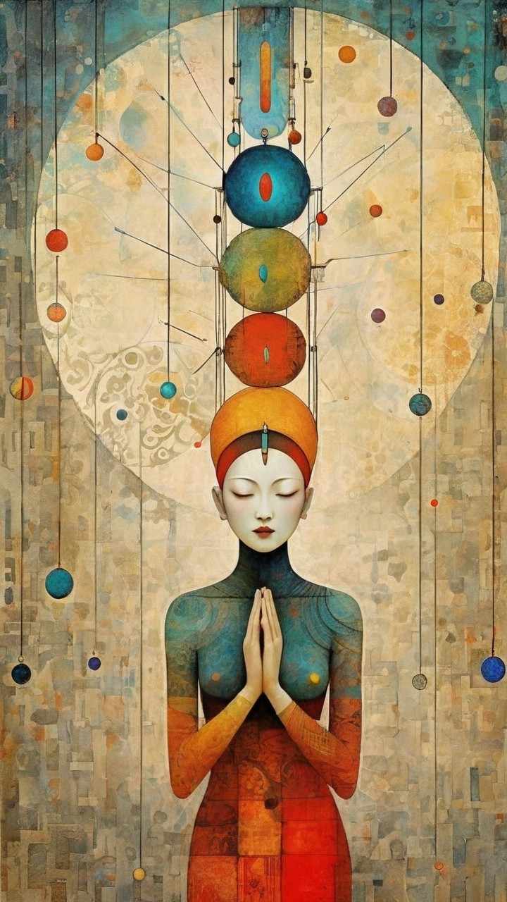 Serene figure in prayer with cosmic planets and moon