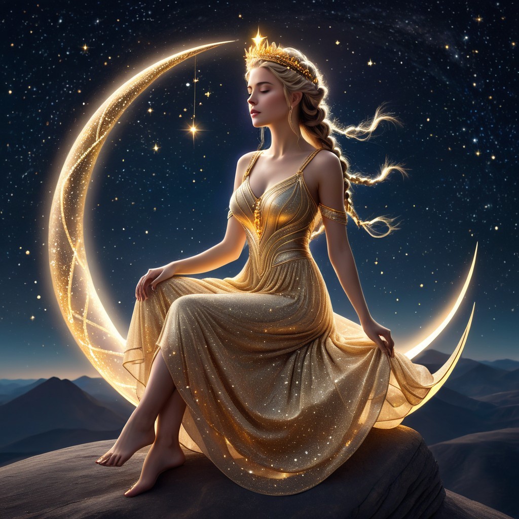 Woman in gold gown on crescent moon under stars