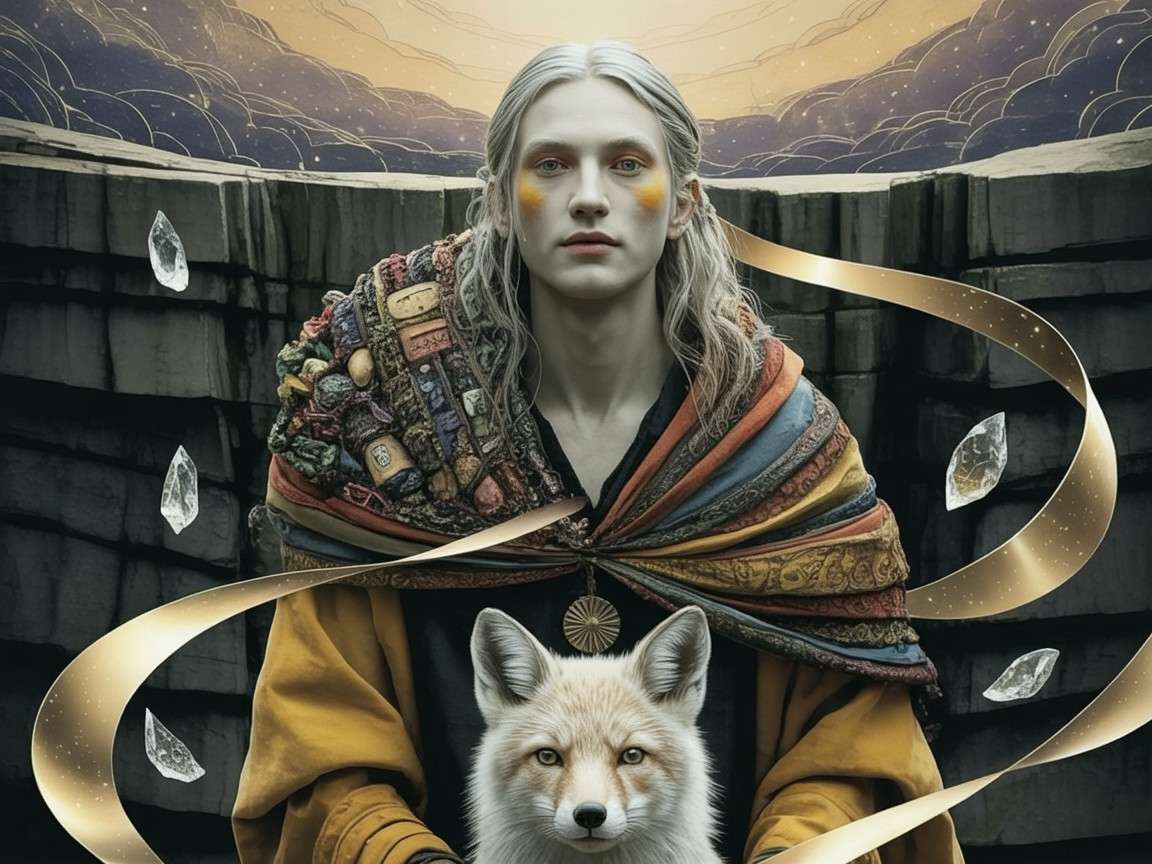 Serene figure with flowing hair in mystical landscape