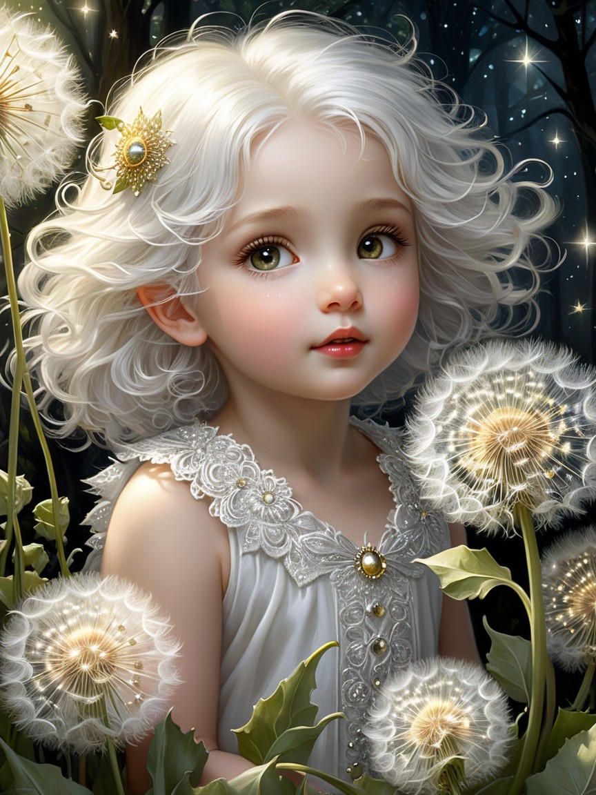 Young girl in white dress surrounded by dandelions