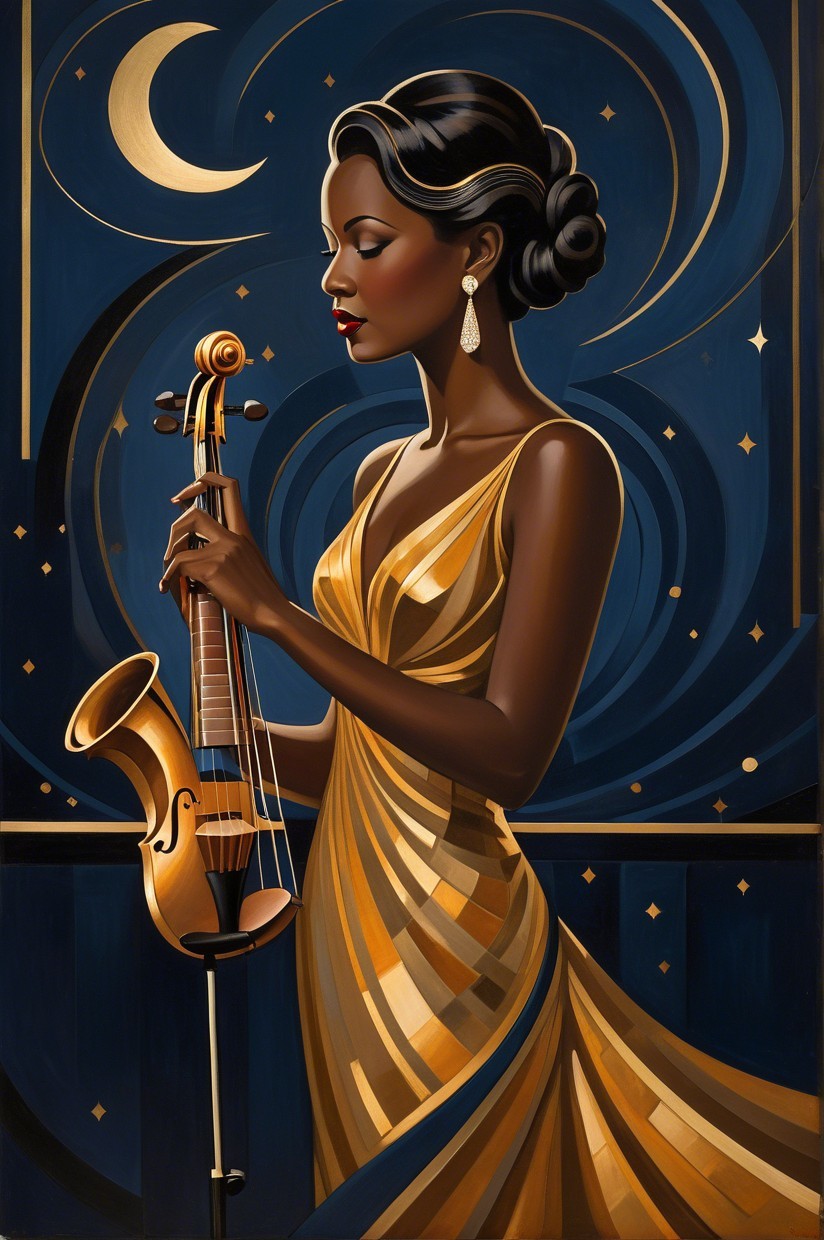 Elegant Woman in Golden Gown with Musical Instruments