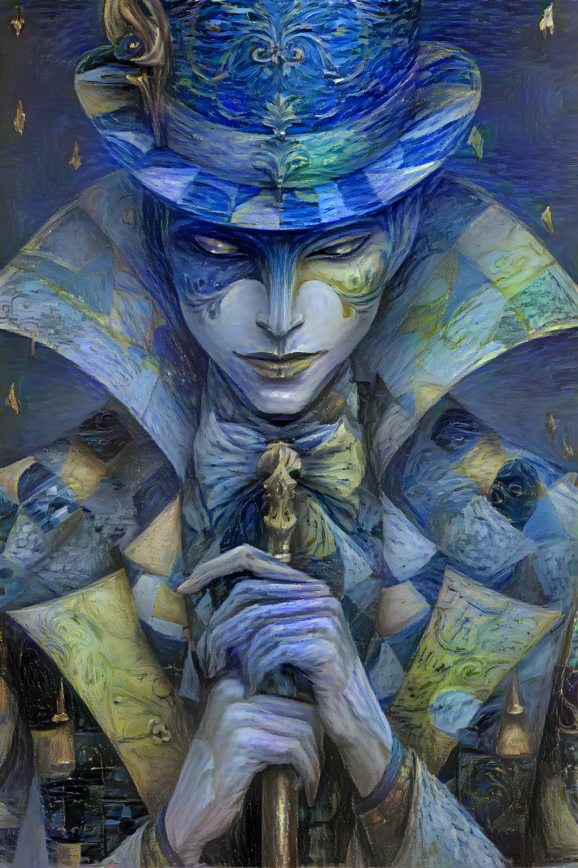 Mysterious Figure in Ornate Blue and Gold Outfit