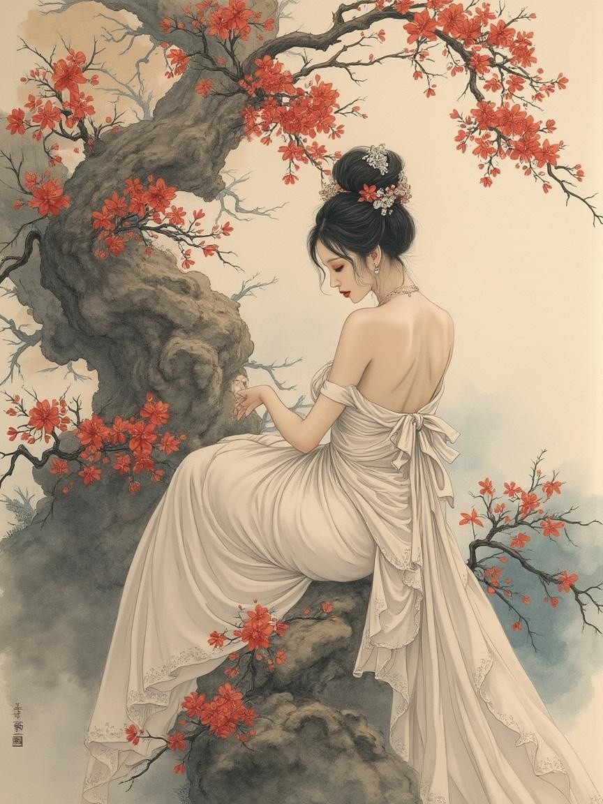 Woman in White Gown on Tree Branch with Red Blossoms