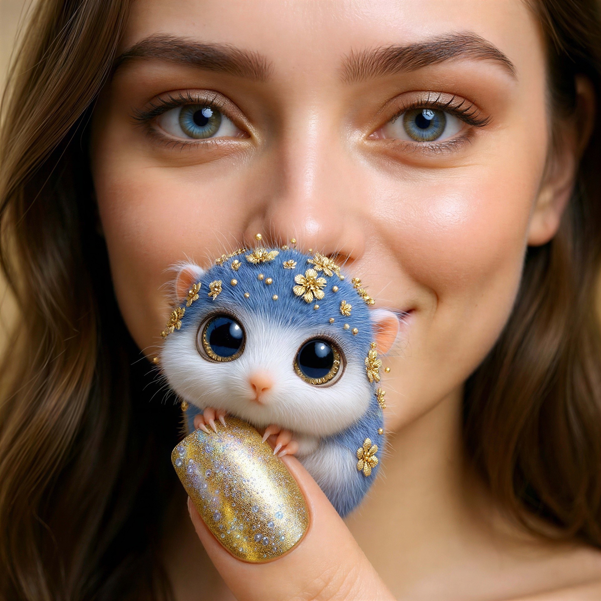 Close-up of a woman with a blue and white creature