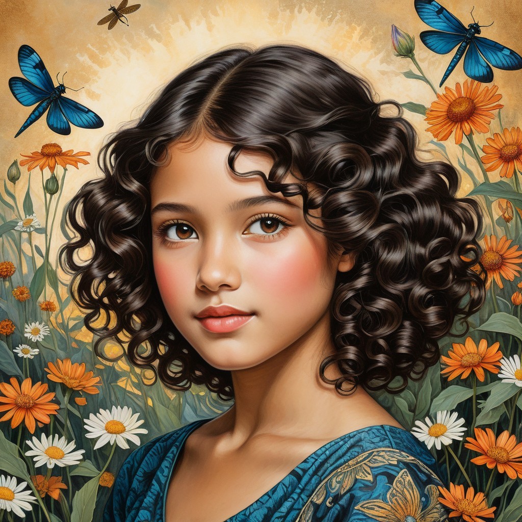 Young girl surrounded by flowers and butterflies