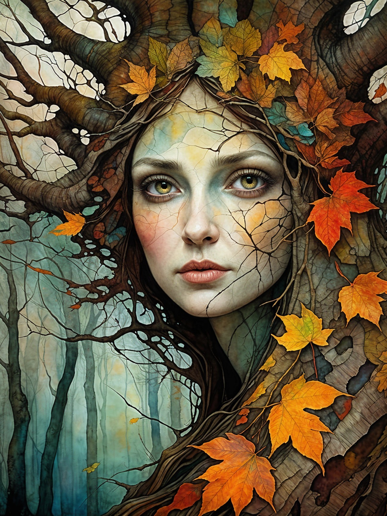 Woman's Face Merging with Tree in Mystical Artwork