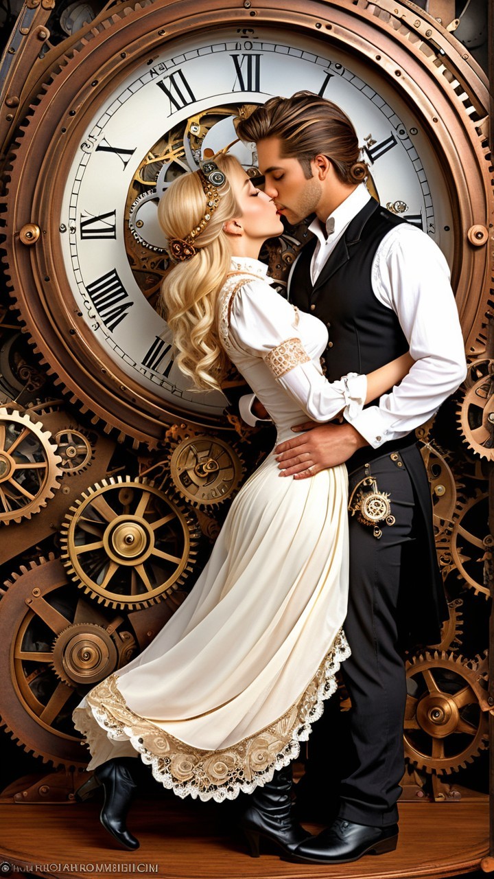 Couple Embraces in Steampunk-Inspired Setting