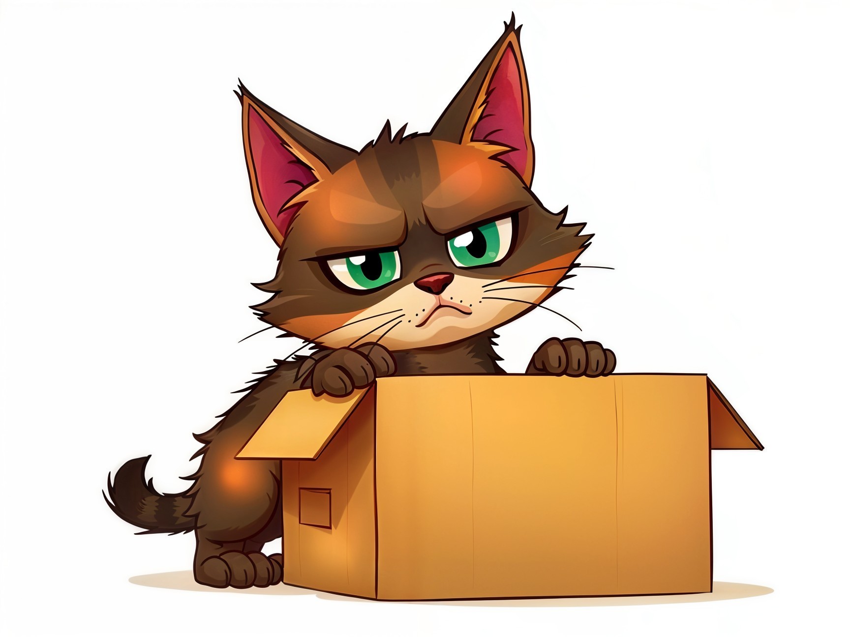 Grumpy Cartoon Cat on Cardboard Box with Expressive Fur