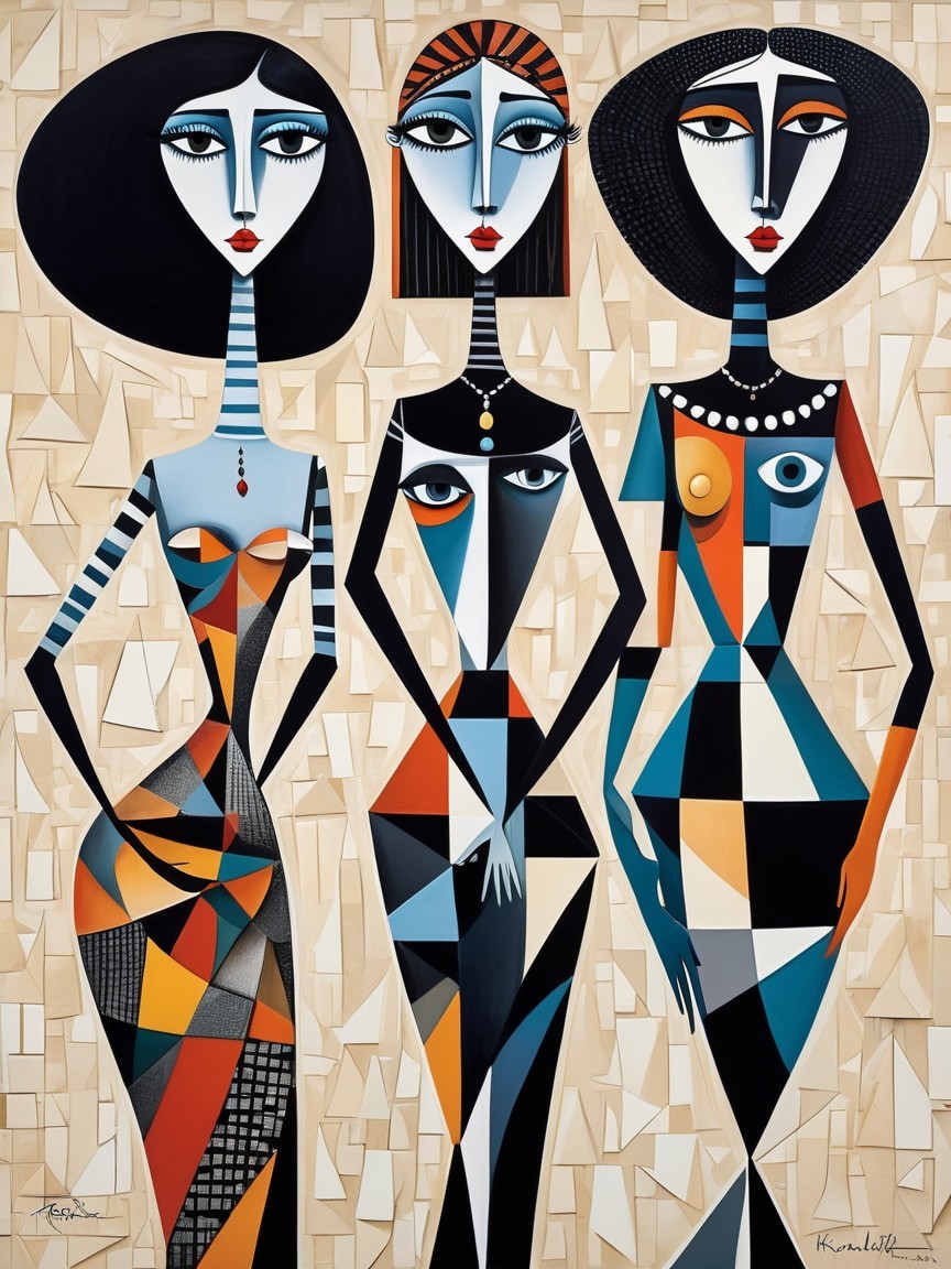 Stylized Female Figures with Geometric Patterns
