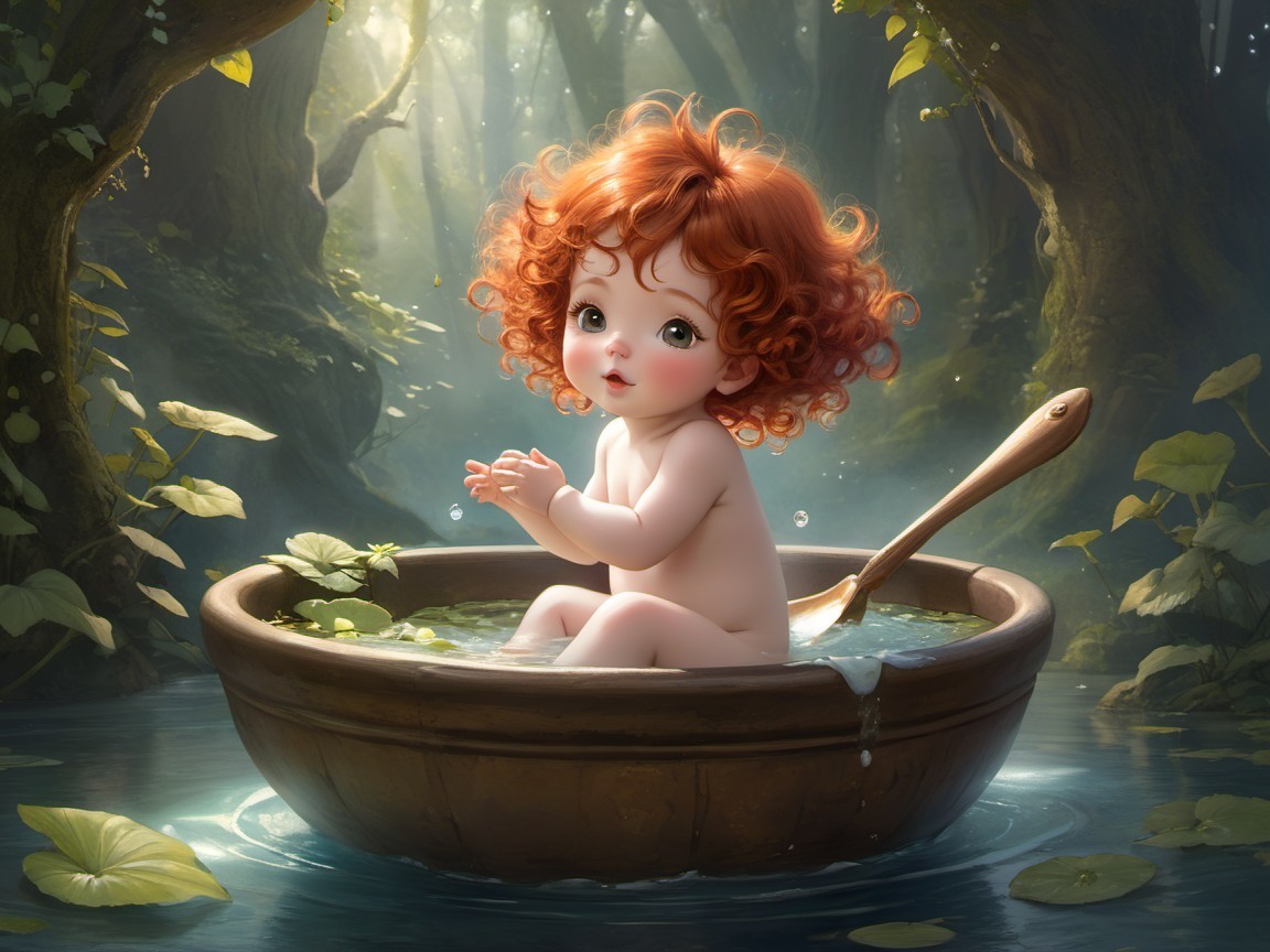 Toddler in a Wooden Boat on a Serene Forest Pond