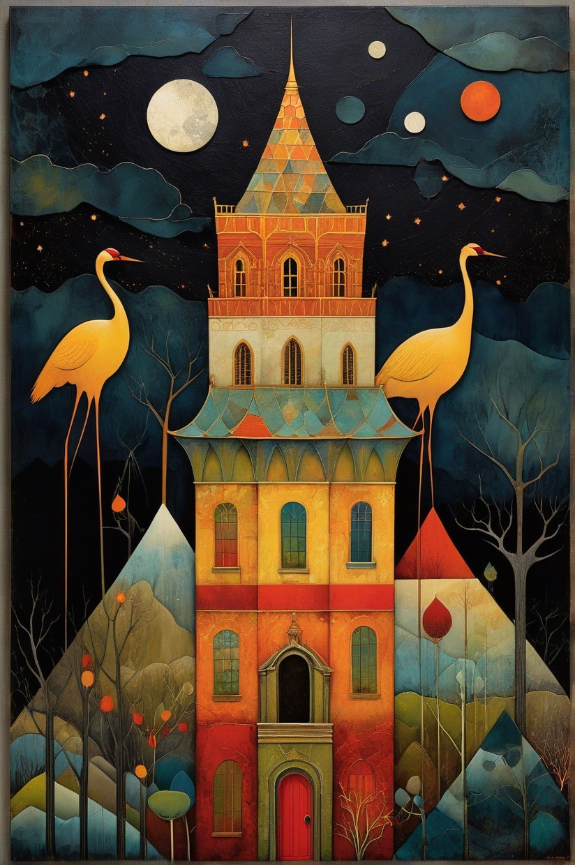 Colorful tower with cranes under a starry sky
