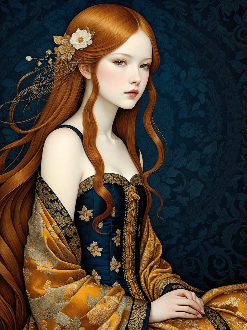 Serene Young Woman in Ornate Gown Against Blue Background