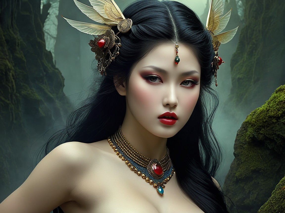 Mystical Forest Figure with Gold Jewelry and Feathers