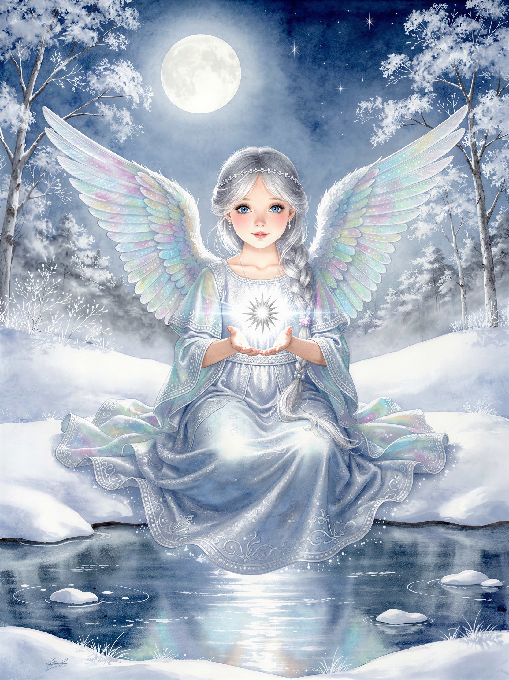 Watercolor Night Scene with Angel and Winter Landscape