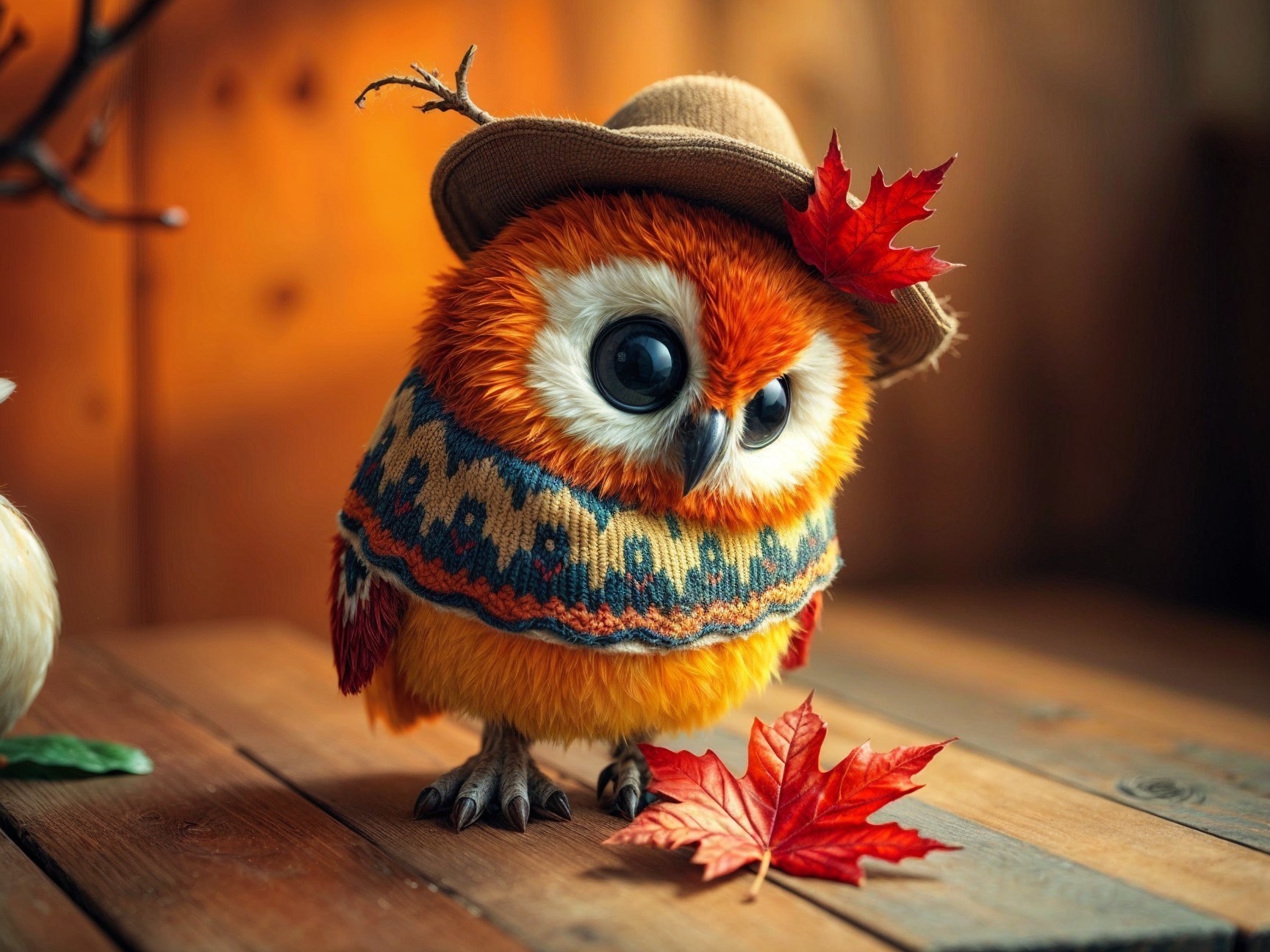 Fluffy Owl in Hat and Sweater with Autumn Leaf